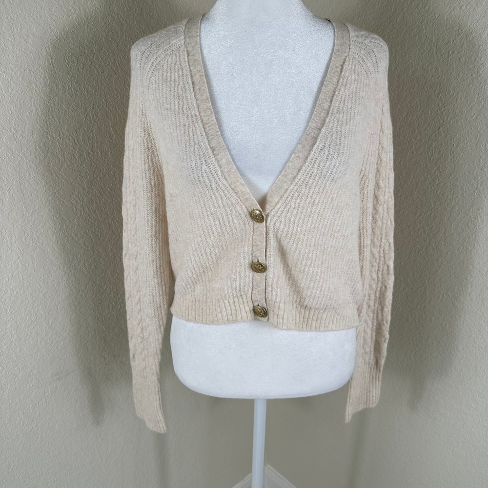 J.Crew Supersoft Cropped Cardigan Womens XS Cream Merino Alpaca Cable Knit - Picture 2 of 9